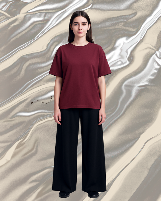 Unisex Maroon Plain Drop Shoulder Tee And Flapper