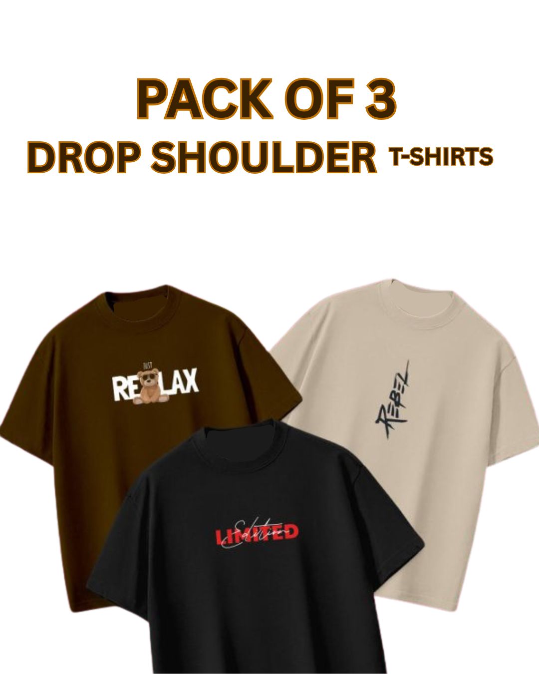 Unisex Pack of 3 Printed Drop Shoulder T-Shirts