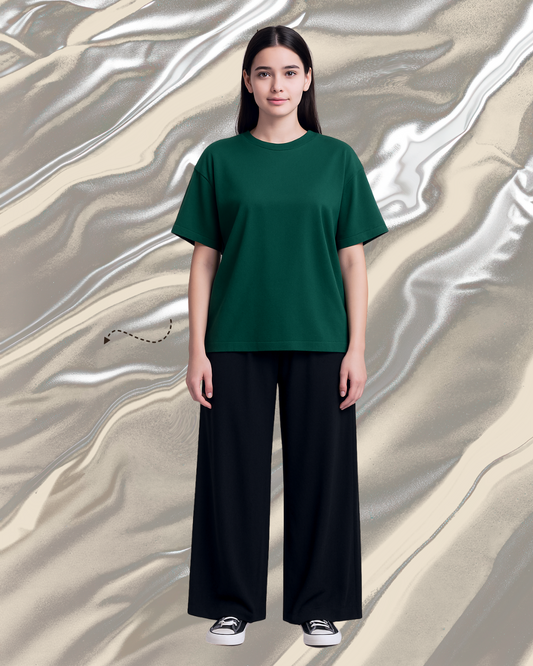 Unisex Bottle Green Plain Drop Shoulder Tee And Flapper