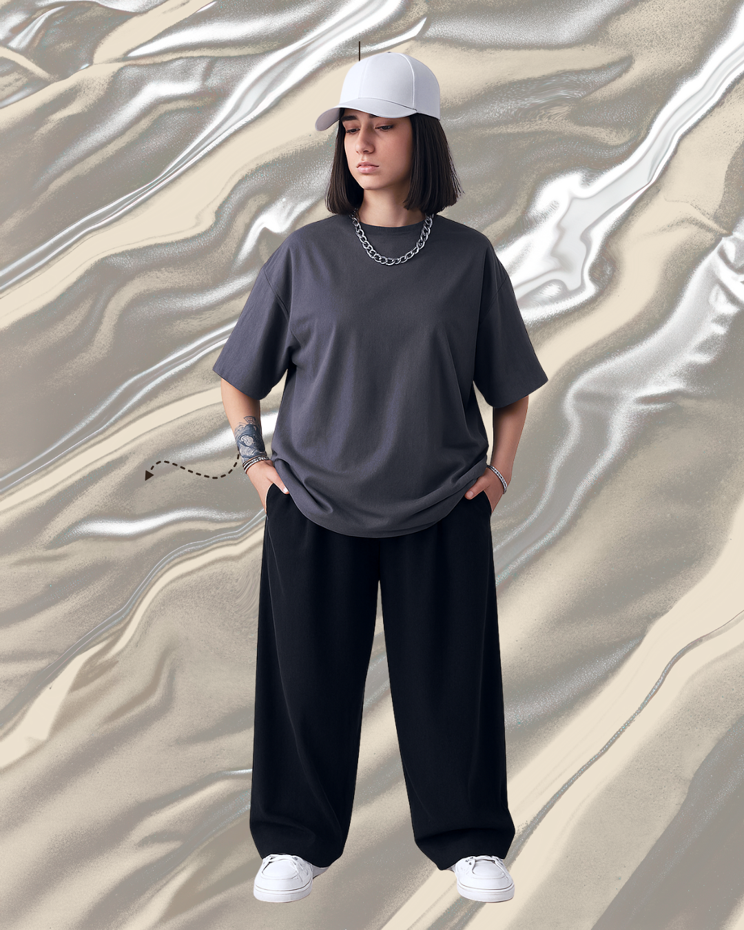 Unisex Steel Grey Plain Drop Shoulder Tee And Flapper
