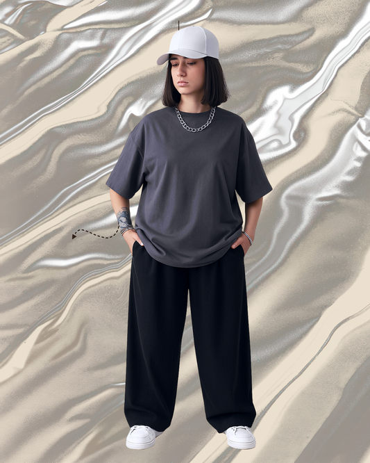 Unisex Steel Grey Plain Drop Shoulder Tee And Flapper