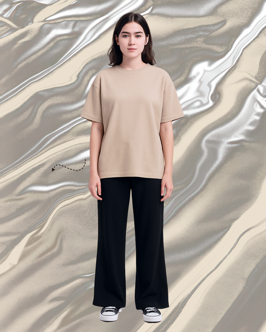 Unisex Beige Plain Drop Shoulder Tee And Flapper