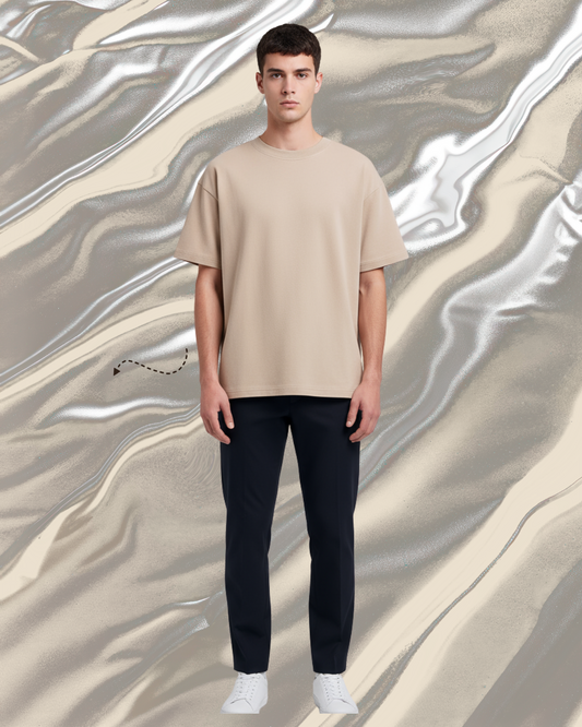 Unisex Beige Plain Drop Shoulder Tee And Trouser