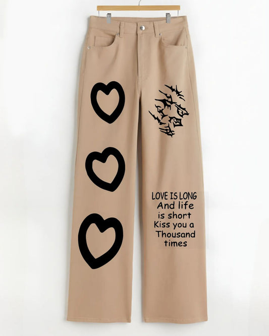 Beige Heart Printed wide leg Jeans