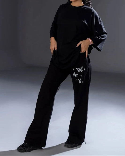 Black Wide Leg Jeans With Butterfly Printed